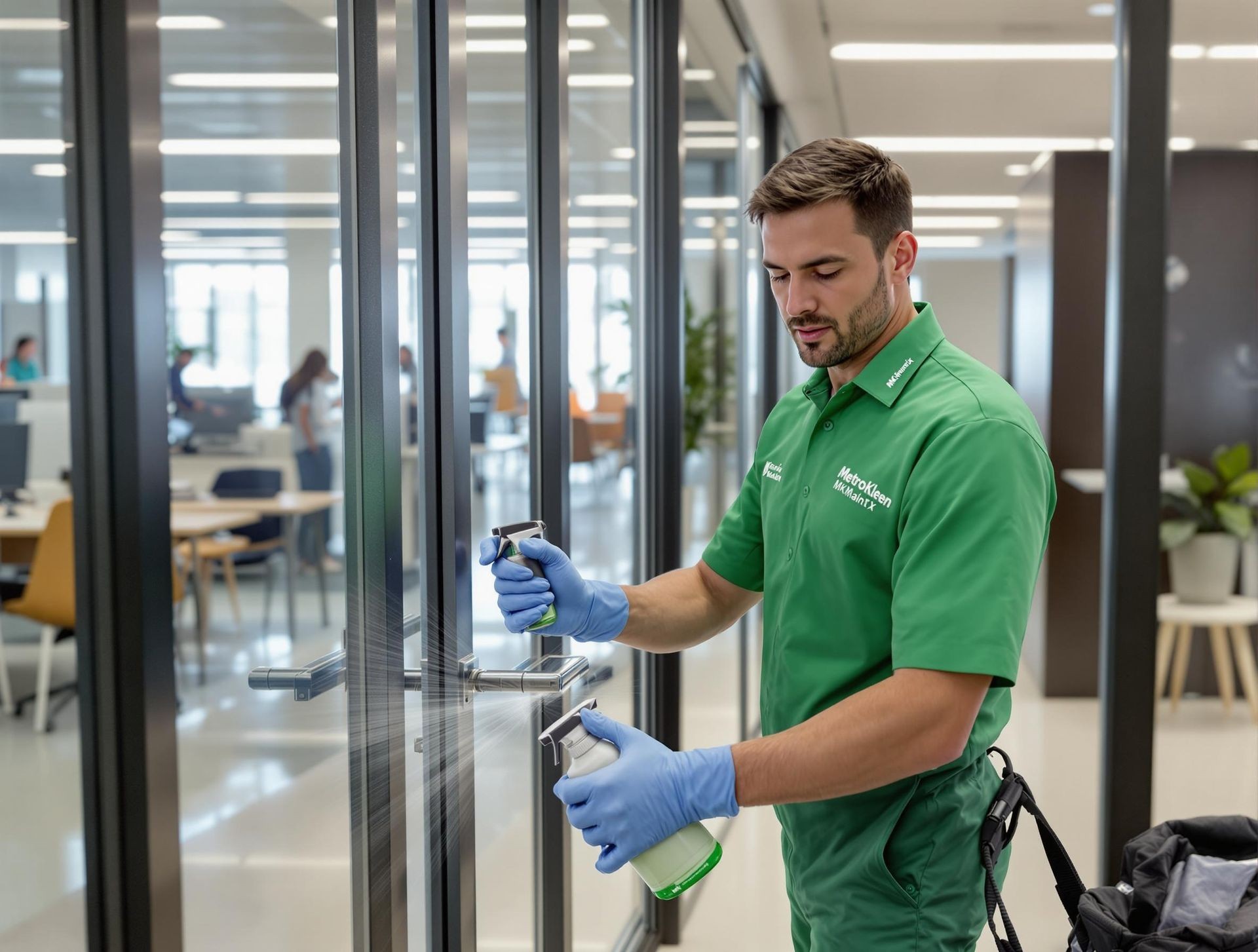 Janitor in a green uniform cleaning a glass door with spray disinfectant in an office environment.