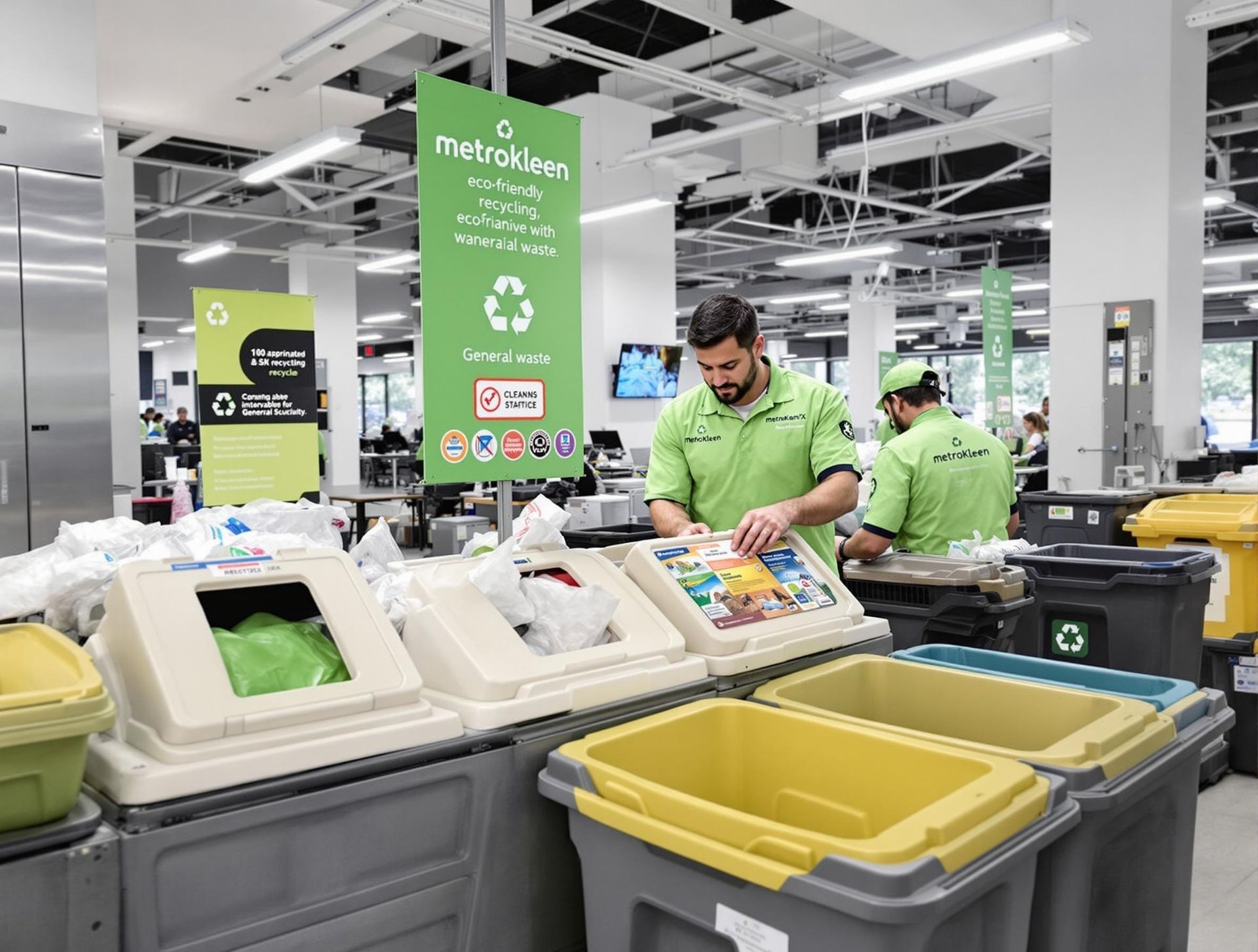 Workers sorting recyclable materials into bins in an eco-friendly facility with recycling signs displayed.