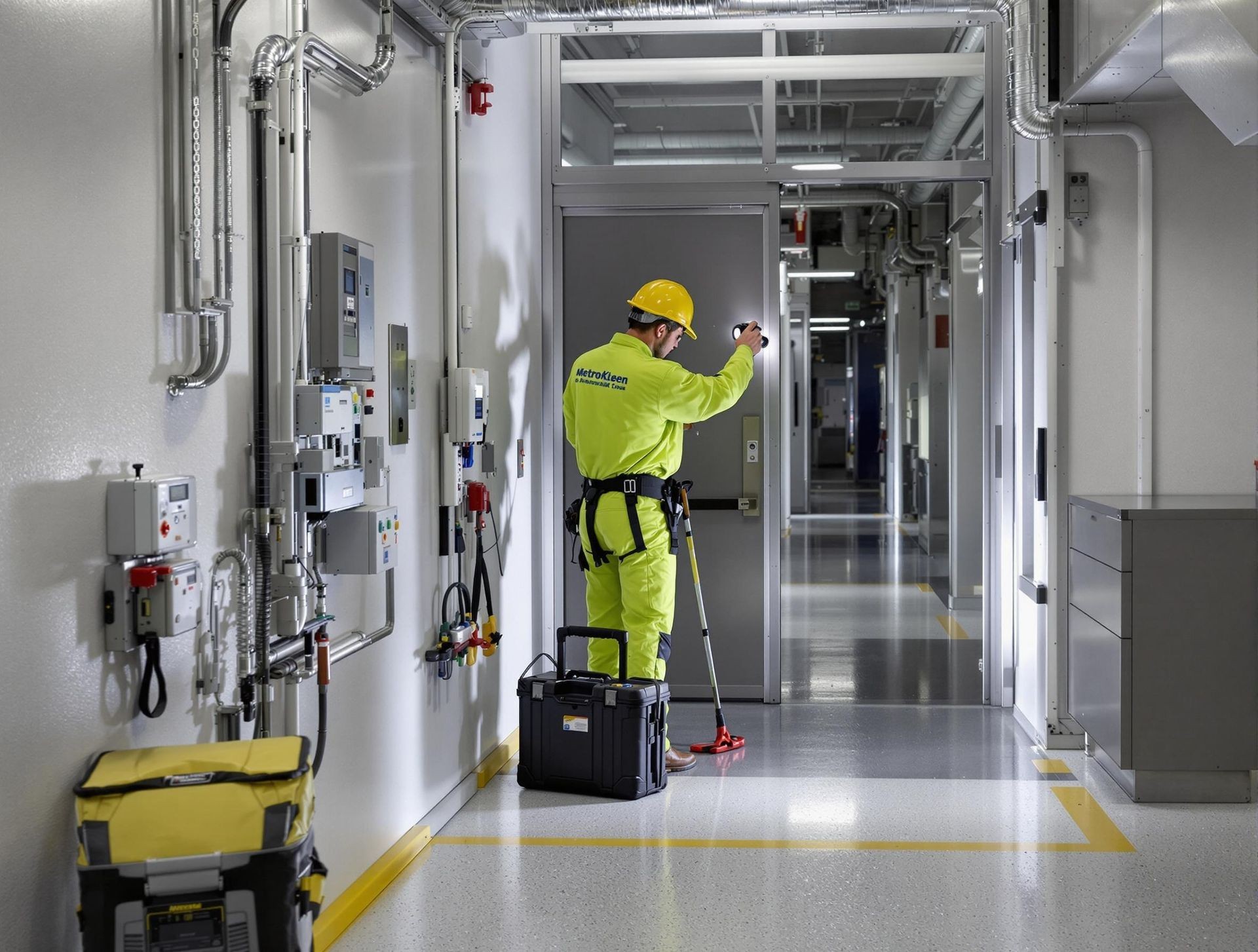 Worker in high-visibility gear inspecting controls in an industrial facility corridor with equipment boxes.