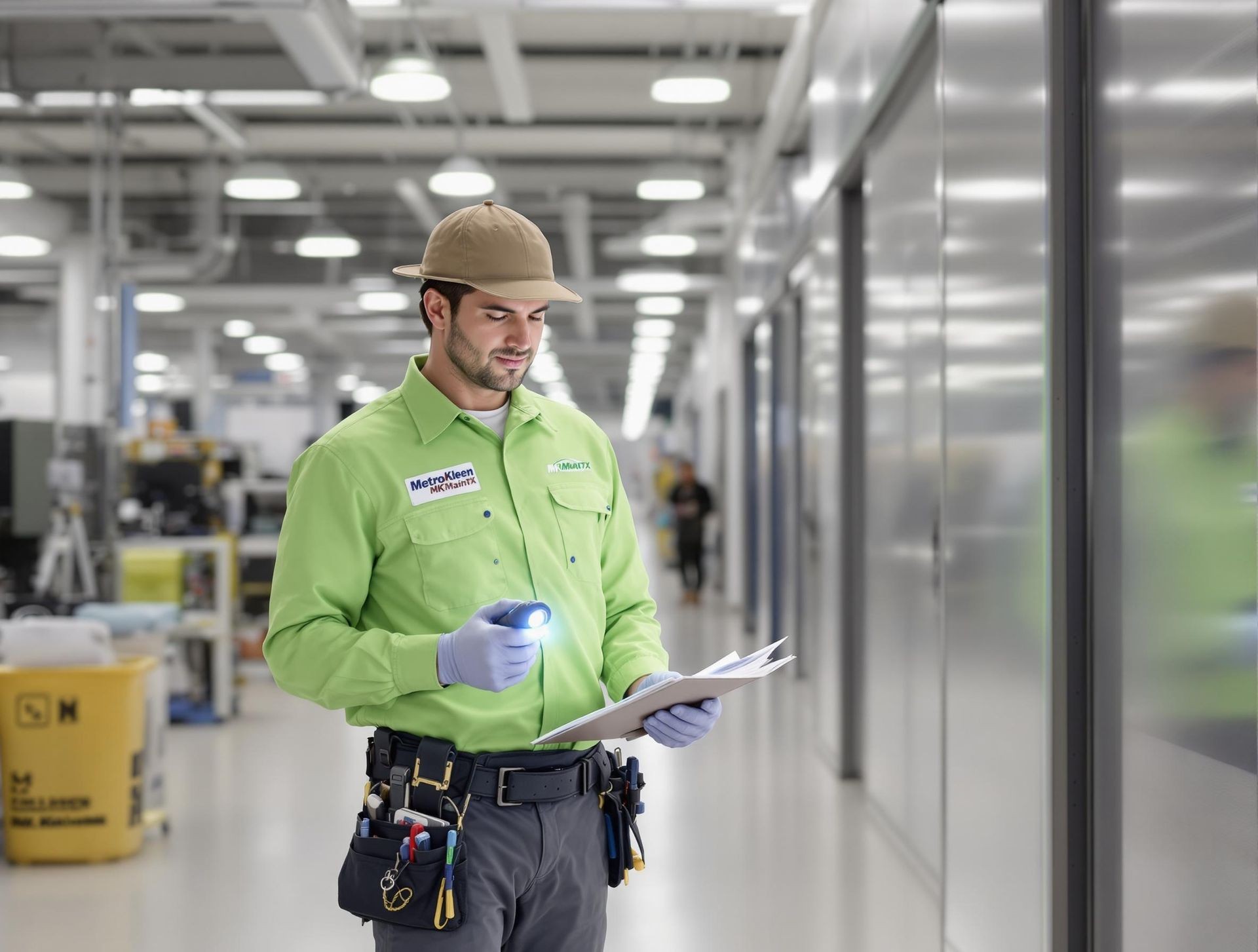 Worker in green uniform with gloves and cap using flashlight to inspect clipboard in industrial setting.