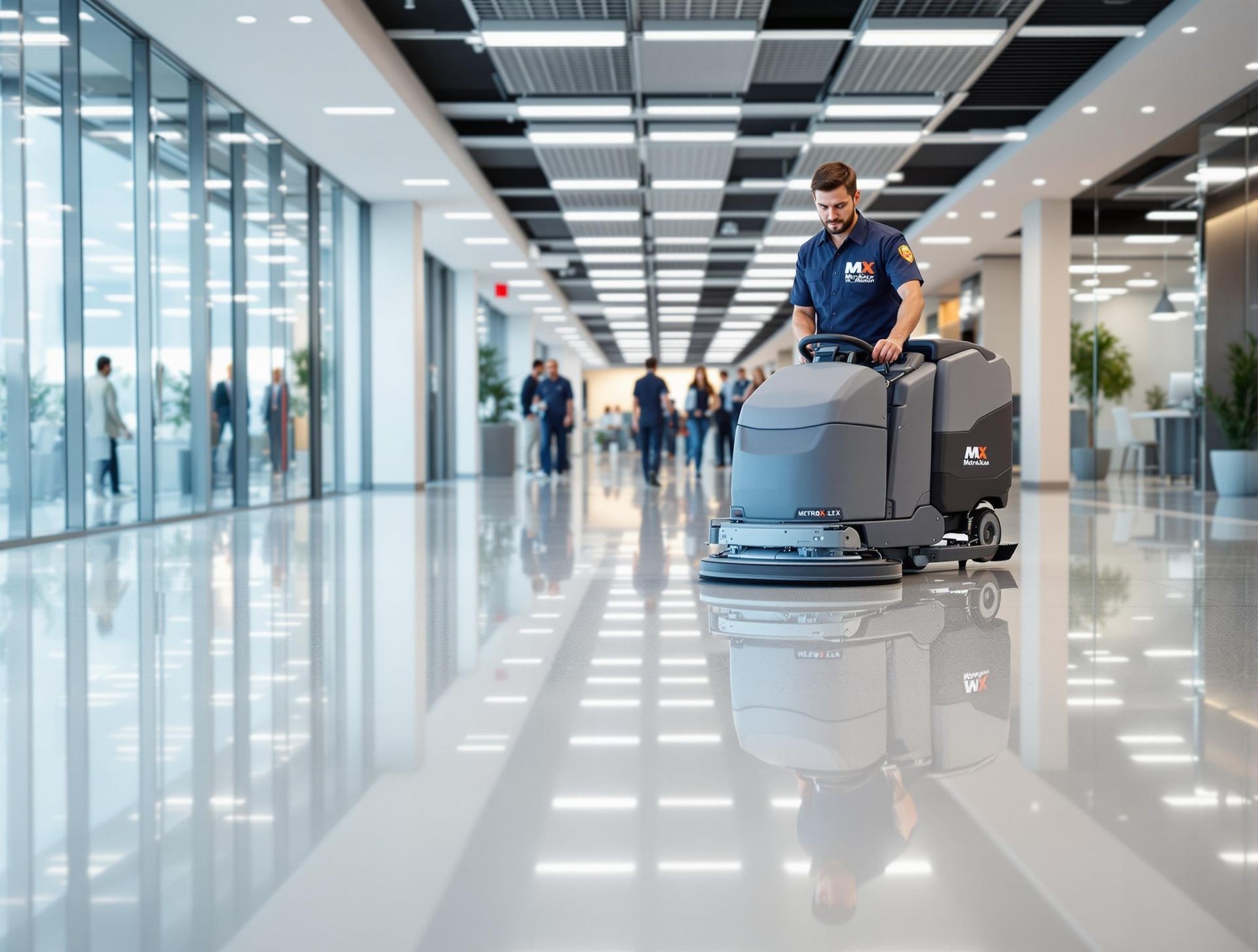 Person operating a floor cleaning machine in a modern office building, with people walking in the background.