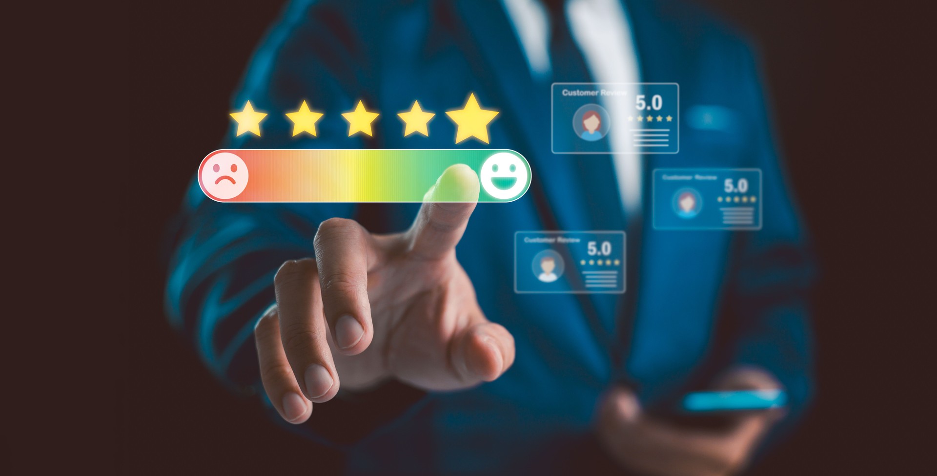 Hand touching and giving five yellow stars indicates the highest level of customer satisfaction and evaluation for a high-quality product and service.