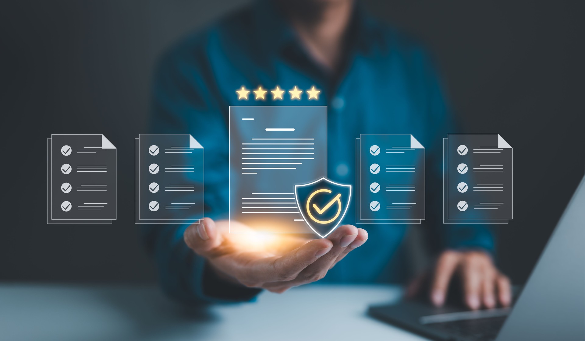 Businessman holding standard quality control certification assurance guarantee for automation process. Quality management with Quality Assurance, Quality Control, Standardization, health insurance,