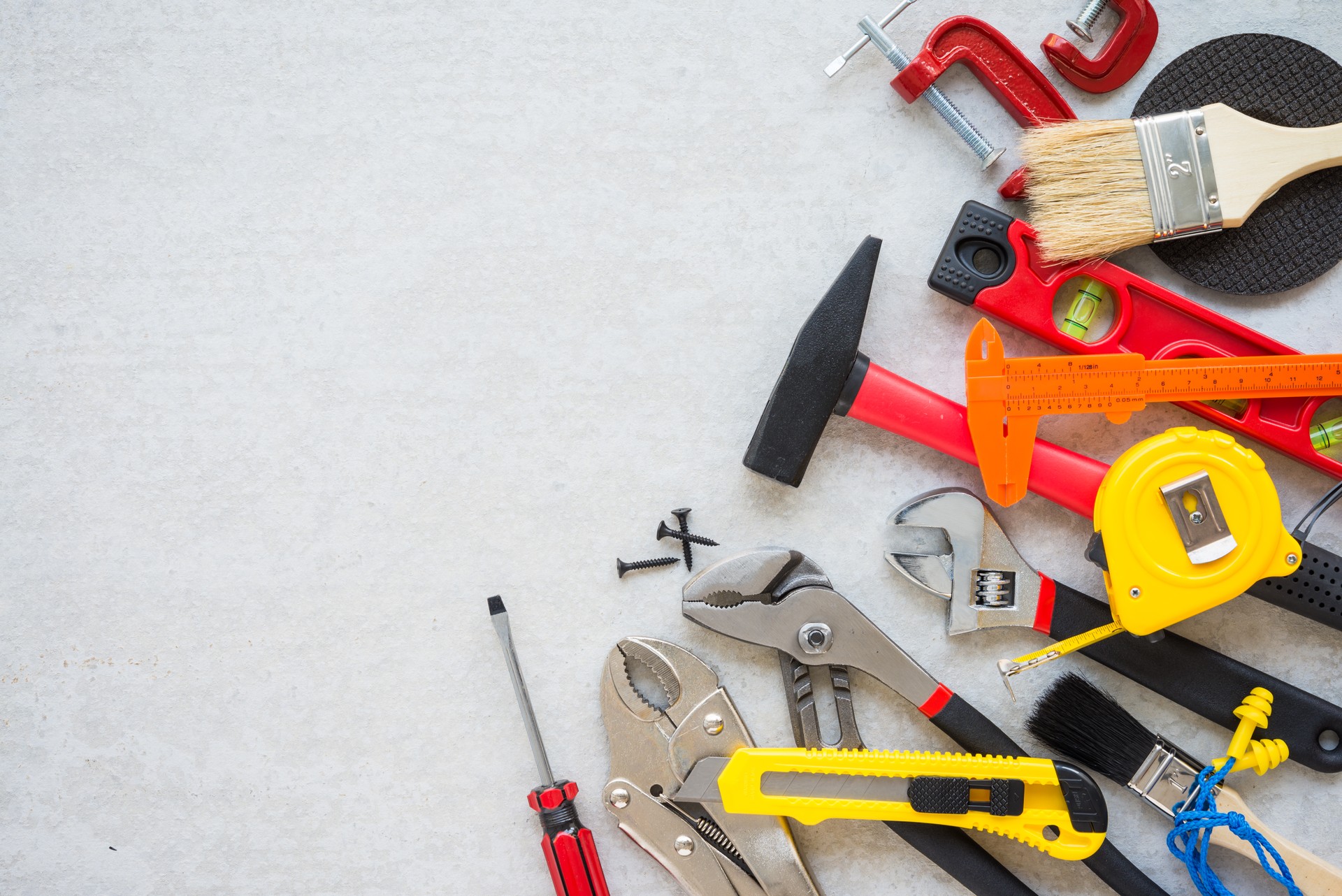 Flat lay of vary many set of hardware tools equipment.