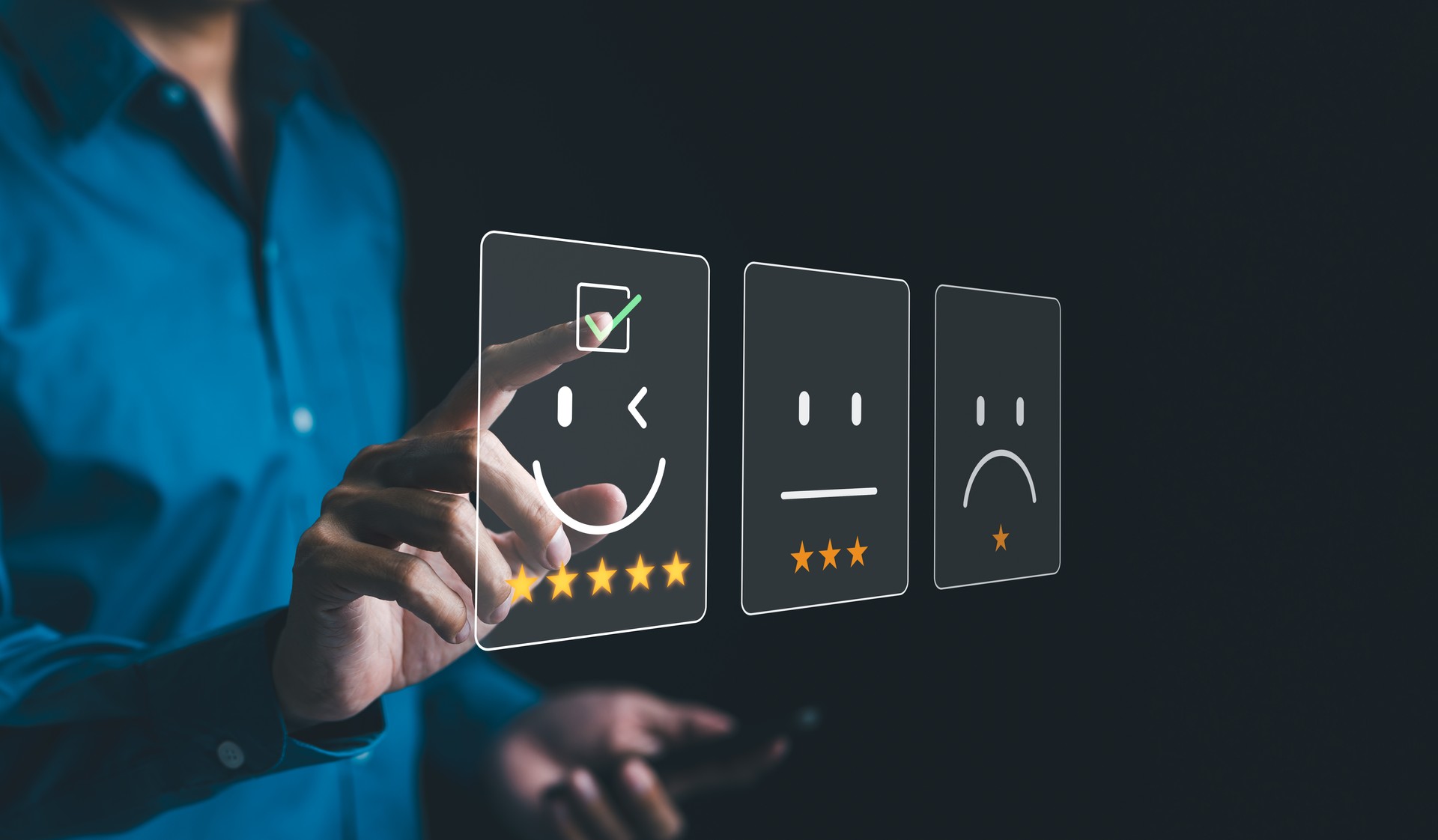 Customer review satisfaction feedback survey concept. Businessman interacts with virtual icons representing customer satisfaction levels, including happy, neutral, and sad faces, and feedback. rating,