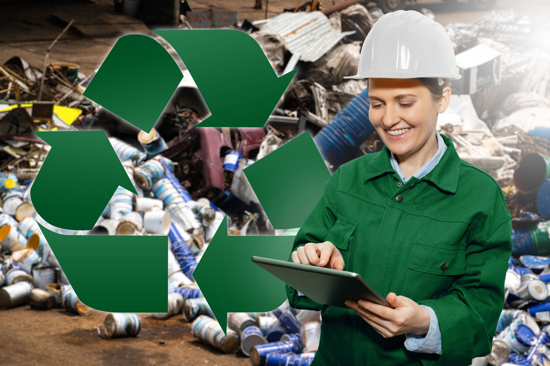 A worker with a digital tablet at a waste recycling plant.